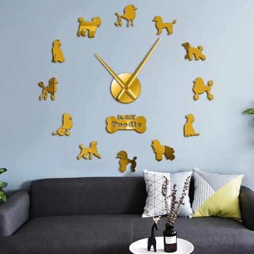 Poodle Big Hand Modern Silent Wall Clock Pudelhund DIY Giant Wall Clock Dining Room Wall Decor Caniche Mirror Effect Sticker