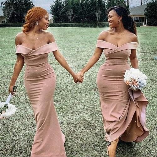 Bridesmaid Dresses Champagne Off The Shoulder Satin Sweep Train Bridesmaid Dresses Wedding Party Bridemaid Gowns With Zipper