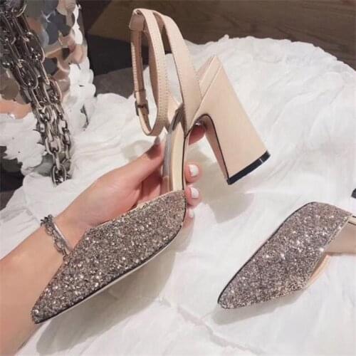 Spring and summer new pointed thick heel high heel sequin bridal wedding shoes wild word buckle banquet dress female sandals