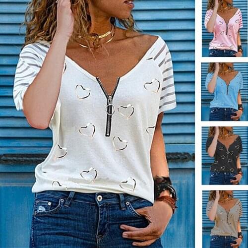 2021 Womens Summer European And American Leisure Short Sleeve Heart-Shaped Printing V-Neck Zipper Loose T-Shirt Womens Wear