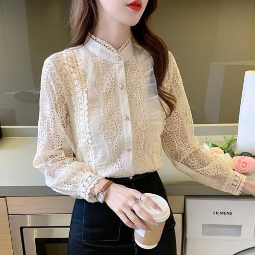 Shirt Womens Tops Autumn 2021 New Office Lady Full Sleeve Lace Solid Single Breasted Stand Neck Straight Apricot Women Shirts