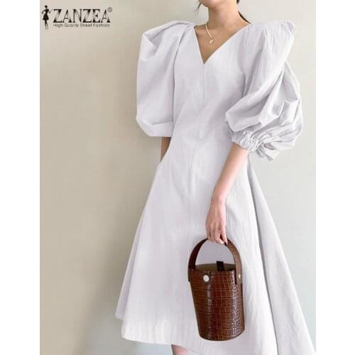 Plus Size Fashion Women Solid Short Sleeve Knee Length Chemise Elegant Puff Sleeve Sundress 2021 Zipper Beach Dresses Femme Robe