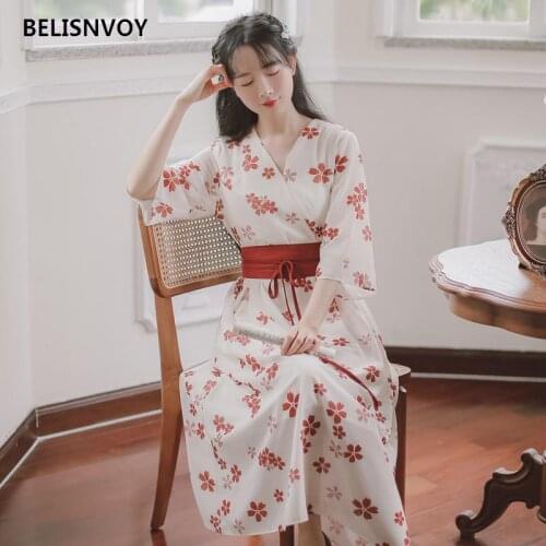 2021 Women Flower Print Kimono Japanese Japan Kimono Dress Japanese Clothes Sasuke V Neck Oriental Dress Ao Dai Dress