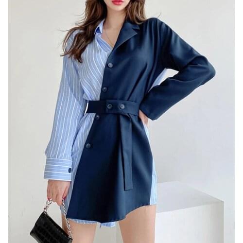 Fashion Shirt Dress Women Striped Print Patchwork Elegant Long Sleeve Autumn Mini Dress Notched With Belt Blazer Dress Outerwear