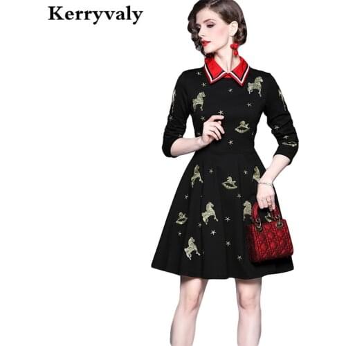 Women Color Contrast Lapel Five Star Pegasus Embroidered Dress Zomerjurk Dames 2021 Autumn Long Sleeve Midi Black Dress K8565