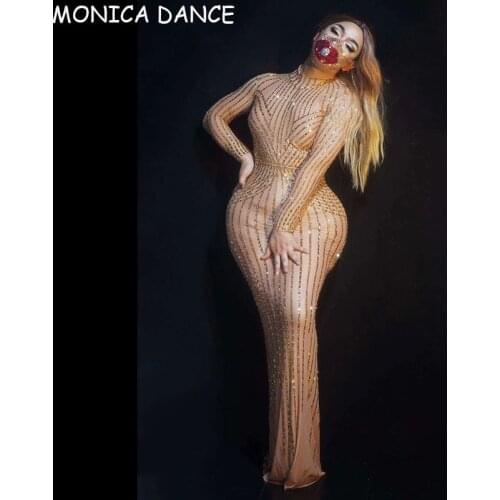 Women Gold Silver Rhinestones Floor-length Dress Evening Party Birthday Celebrate Prom Crystals Stones Long Dress Singer Costume