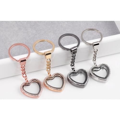 1pcs Big heart Rhinestone Zinc Alloy Floating charms Locket Keychain DIY Magnetic twist living memory Glass locket Key ring