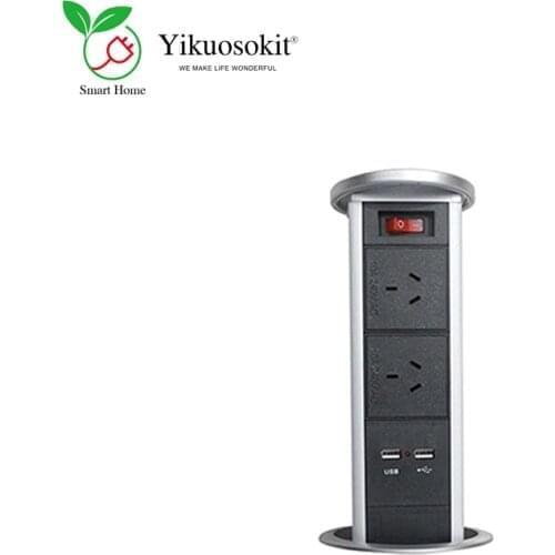 2 AC Power Socket 2 USB Ports 1 Switch Silver Pneumatics Drive Tabletop Hidden Electrical Retractable Pop Up Desktop Outlets CE