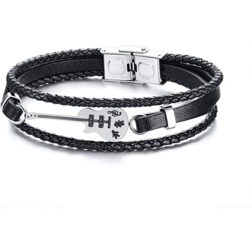 2021 Fashion Simple Style Stainless Steel Leather Music Lover Guitar Leather Unique And Bracelet Suitable For Women And Men
