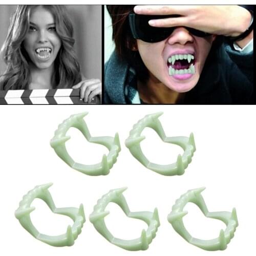 5pcs Horror Plastic Halloween Fluorescent Luminous Glow in the Dark Fake Vampire Fangs Teeth Denture Masquerade Cosplay Props