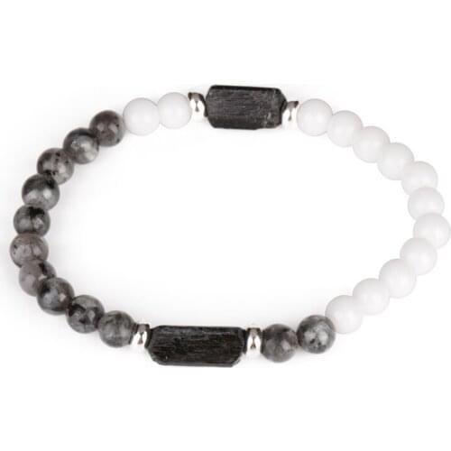 6mm grey black labradorite Alternate white glossy beads Black tourmaline calm Healing Stone Charm Energy Bracelet For Man Women