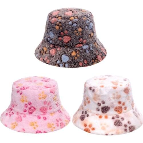 D0LF Cute Paw Print Fisherman Hat Faux Rabbit Fur Wool Fluffy Bucket Plush Hat Fisherman Face Wide Brims Cover Face Warm