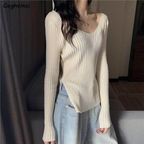 Women Pullovers Slim Fit Elegant V-neck Side-slit Asymmetrical Knitted Sweater Woman All-match High Elasticity Simple Streetwear