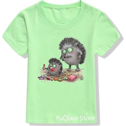 Funny Makeup Hedgehog Print T-Shirt Cute Kids Tshirt Summer 2021 Green Childrens Camisetas Baby Boys Girls Clothes Lovely Tops