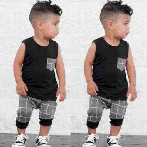 Popular Childrens Clothes Set Infant Toddler Baby Boys Clothes Plaid Tops T Shirt Vest Shorts Outfits Roupa Infantil 3M-5T