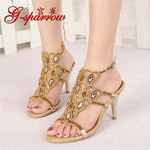G-sparrow Female Summer 2018 New Gold Sandals Women Diamond Stiletto High Heels Diamonds Sexy Korean Womens Shoes