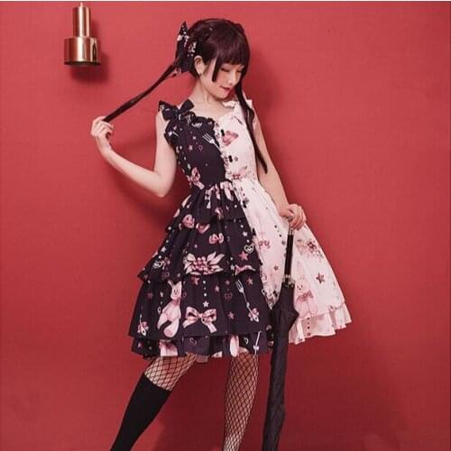 Gothic japanese sweet lolita dress retro two-tone patchwork cute bowknot printing victorian dress kawaii girl gothic lolita jsk