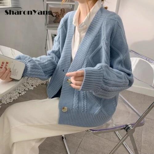 Short Knitted Cardigan Women Clothes Outerwear Autumn Loose Lazy Style Lantern Sleeve Coat Sweater Cropped Jacket Fashion White