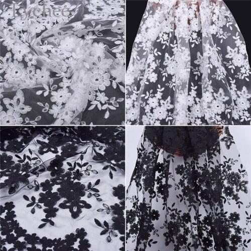 Lychee Life French Embroidery Flower Fabrics Black White Mesh Lace Fabric DIY Sewing Supplies for Wedding Dress Making