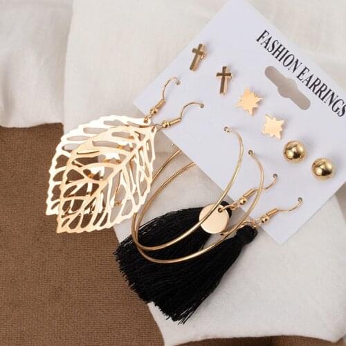 6 Piece Fashion Bohemian Tassel Long Drop Earrings For Women 2020 New Trendy Vintage Round Geometric Gold Earring Female Jewelry