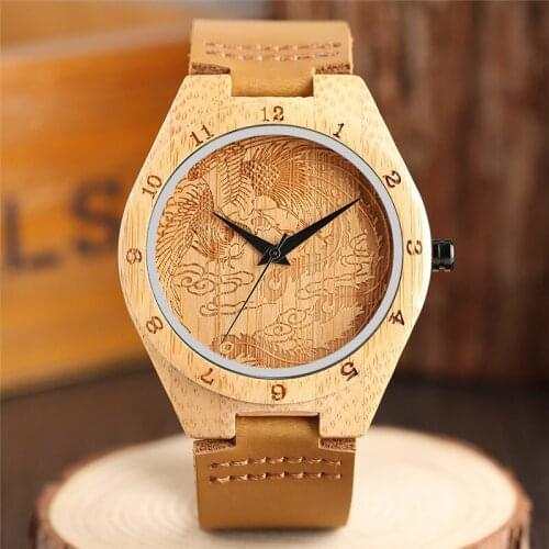 Creative Carving Phoenix Bamboo Mens Watch 100% Original Wood Arabic Number Quartz Clock Male Genuine Leather Bangle Sports Gift