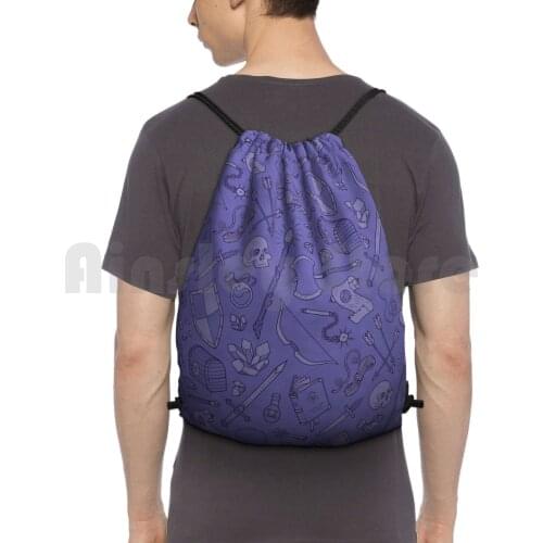 Inventory In Purple Backpack Drawstring Bag Riding Climbing Gym Bag Inventory Sword Shield Dagger Knife Knives Flail Axe