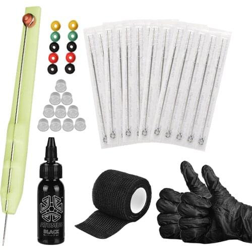 Hand Poke Stick Tattoo Supplies Set w/ 15Pcs Needles Bandage Grommets DIY