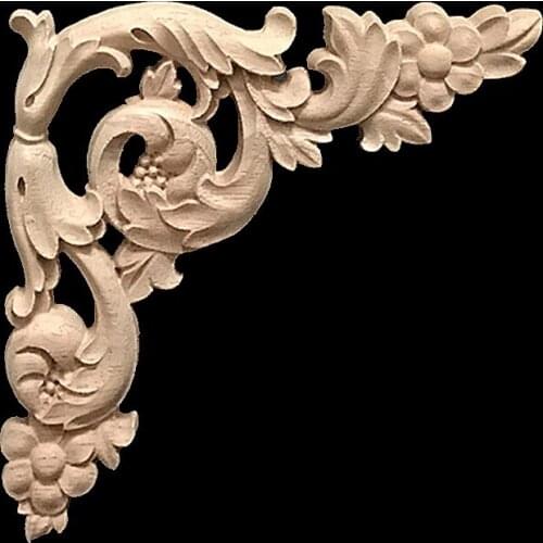 15cm 20cm Wooden Carving Decal Floral Wood Carved Corner Applique for Furniture Cabinet Door Frame Wall Home Decor Crafts