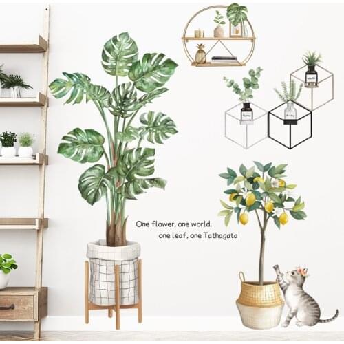 Nordic style Green Leaf Potted Plants Wall Stickers Living room Kids rooms Wall Decor Cute Cat Wall Decals Vinyl PVC Home Decor
