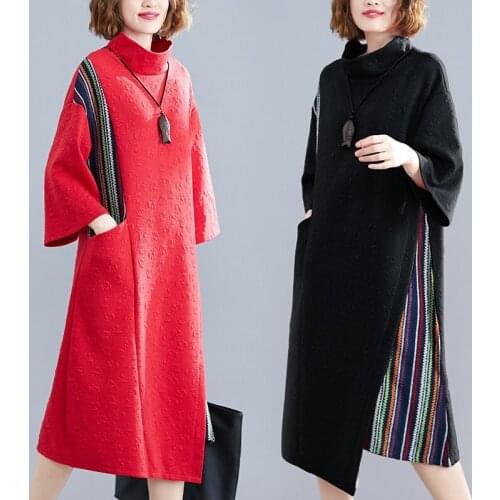 Autumn Winter New Large Size Womens Clothing Mid-Length Clip Silk Floss Stitching Loose High-Necked Dress Literary Oversize