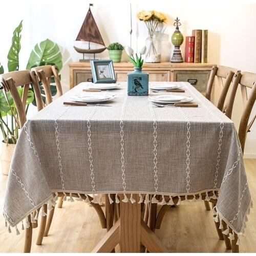 Simplicity Christmas Tablecloth Coffee Cotton Linen Striped Dining Table cloth Embroidered Tassel Hem Rectangular Table Cover