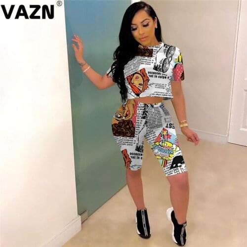 VAZN 2020 Hot Sale Women Girl Summer Newspapers Print Clothes Outfit Two Pieces Set Short Sleeve Short Pant Sets