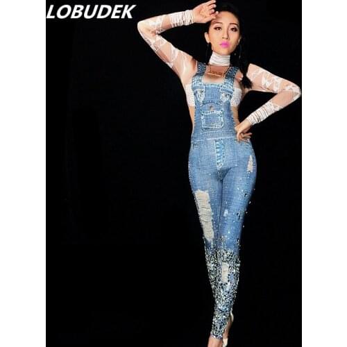 High Elastic Rhinestones Jeans Jumpsuit Fashion Skinny Denim Bodysuit Party Birthday Celebration Women Singer Host Stage Costume
