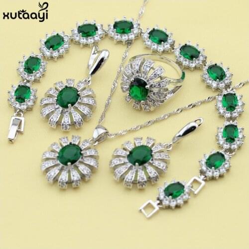 XUTAAYI Silver Jewelry Sets Green Imitated Emerald Shining Flowers Necklace/Bracelet/Earrings/Ring Wedding Jewelry For women