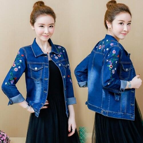 New Spring Autumn Women Coat Plus Size Casual Solid Slim Single Button Embroidery Jeans Jacket Coat For Women Denim Outerwear