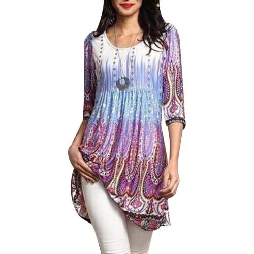 Womens Female T-Shirt 2021 Fashion Digital Print Long Lady T-shirts Mini Dress Large Hem 3/4 Sleeve T-shirt футболка оверсайз