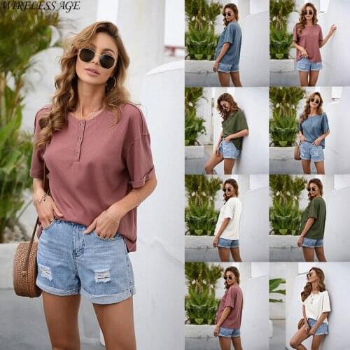 WIRELESS AGE T Shirt Women Short Sleeve Round Neck Solid Color Button Splicing Loose Casual Womens Tops Summer Fashion Wild