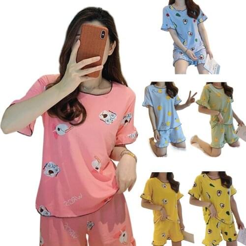 Women Summer Short Sleeve 2 Piece Pajamas Set Cartoon Puppy Orange Avocado Print Sleepwear Ruffles Loose Loungewear L/XL