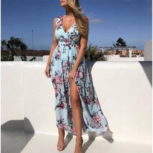 2019 Womens Sleeveless Floral Long Dress Summer Boho V-Neck Ladies Sundress Beach Dress High Waist Flowers Slit Women Dress