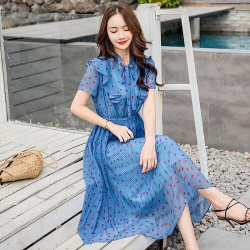 Polka Dot Dresses Female 2020 Summer Waist Print Chiffon Vestidos Mujer Temperament Long Pleated Short Sleeve Dress Women A925