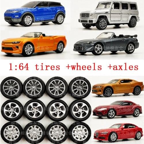 16pcs(for 4 cars) 1/64 Car Model Rubber Tire + Refitting Wheels + Axles Scene Spare Parts for 1:64 Mini Cars