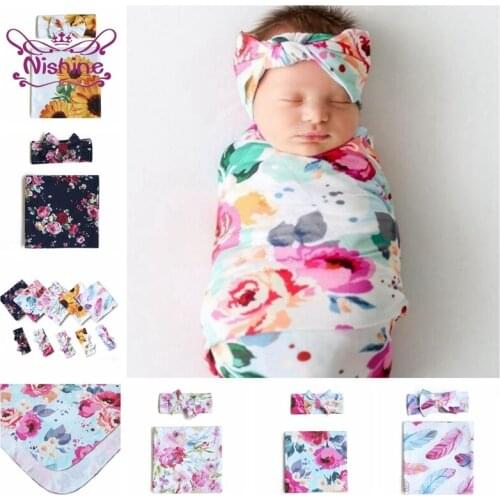 80*80 CM Printed Baby Swaddle Wrap and Bowknot Headband Set One Hundred Days Infant Photography Props Newborn Sleeping Bag