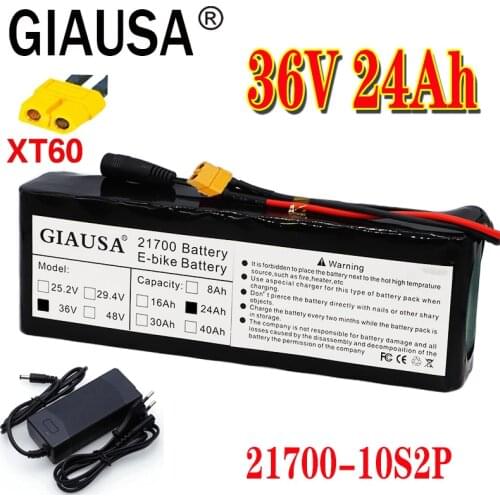 GIAUSA 36V battery 24Ah 21700 10S2P battery pack 1000W high power battery Ebike electric bicycle BMS XT60+ 42v2a charger