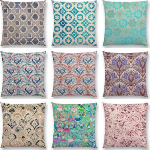 Art Deco Fresco Mediterranean Pattern Lotus Watercolor Patchwork Gorgeous Frosting Beautiful Cushion Cover Sofa Pillow Case