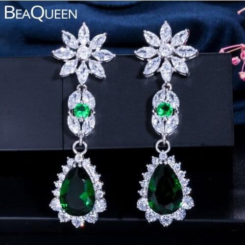 BeaQueen New Long Flower Crystal Earrings Green AAA Cubic Zirconia Water Drop Wedding Earring Party Jewelry for Women Gift E303