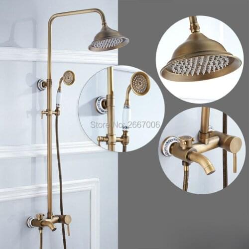 Free shipping European Design Wall Mounted Shower Set With Ceramic Hand Shower Antique Finish Bathroom Rainfall Shower Set ZR052