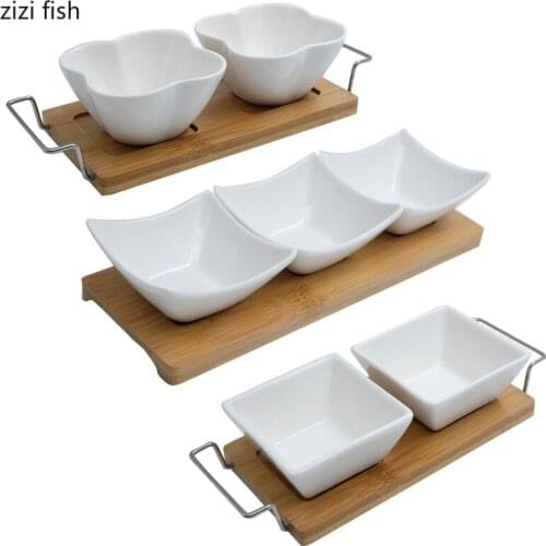 Creative White Ceramic Fruit Plate with Wooden Tray Household Dessert Dessert Bowl Kitchen Utensils Porcelain Home Decoration