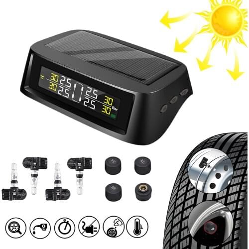 LEEPEE USB Auto Security Alarm Tire Pressure Sensor LCD Display 0-8 bar Digital Solar TPMS Tire Pressure Monitoring System