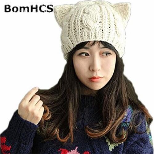 BomHCS Cute Womens Winter Warm Cat Ear Beanie Crochet HANDMADE Knit Wool Hat