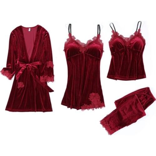 4PCS Gold Velvet Sexy Lace Lingerie Nightgowns Robes Sets for Women 2020 Autumn Winter Sleepwear Bathrobe Nightdress Night Dress
